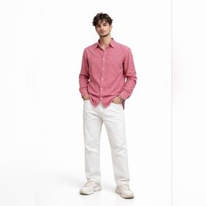 SWIMS Men Linen Button Up Shirt Red White Gingham Long Sleeve Size XL